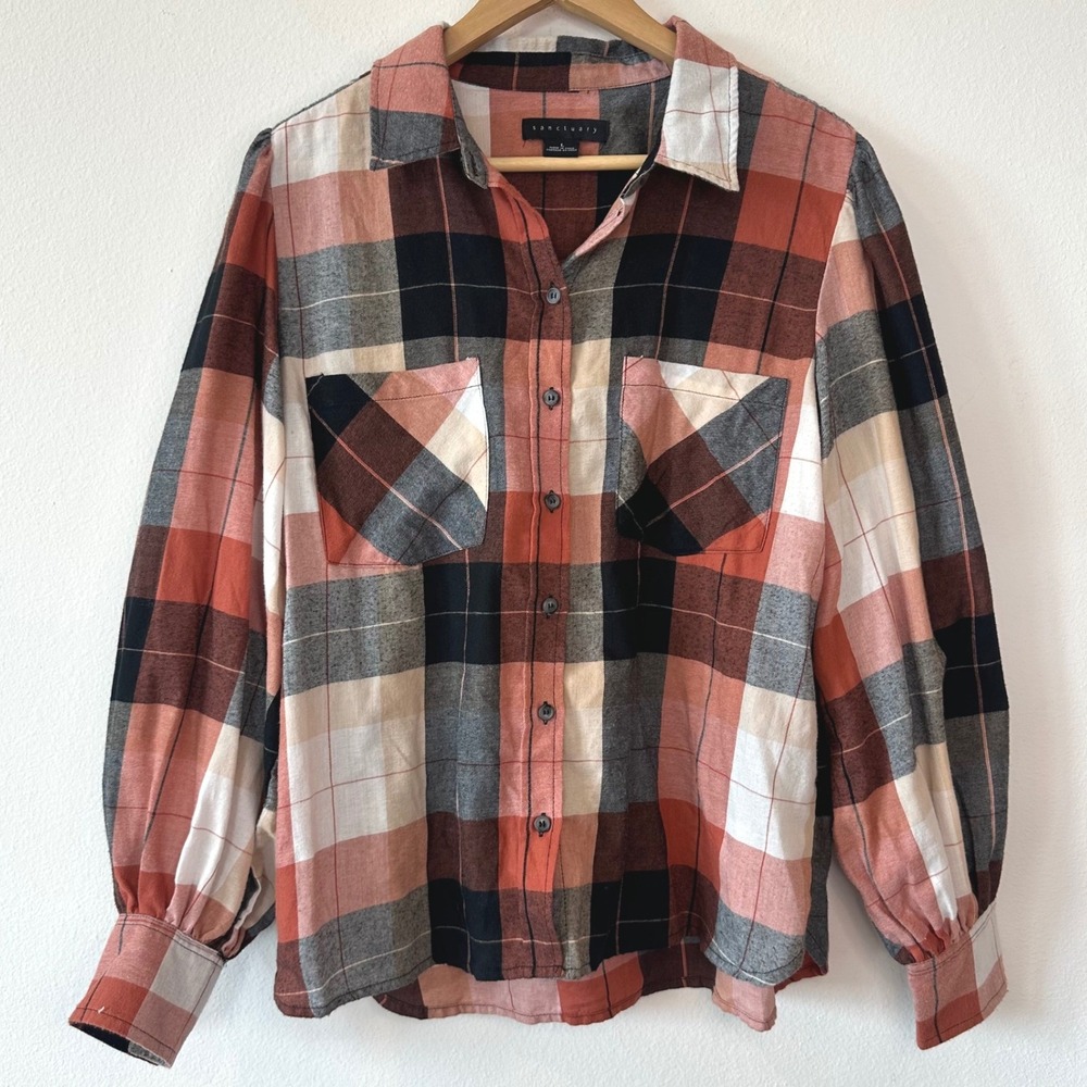 Sanctuary Women Large Plaid Puff Bell Sleeve Button Blouse Rust Black XB9093Z6